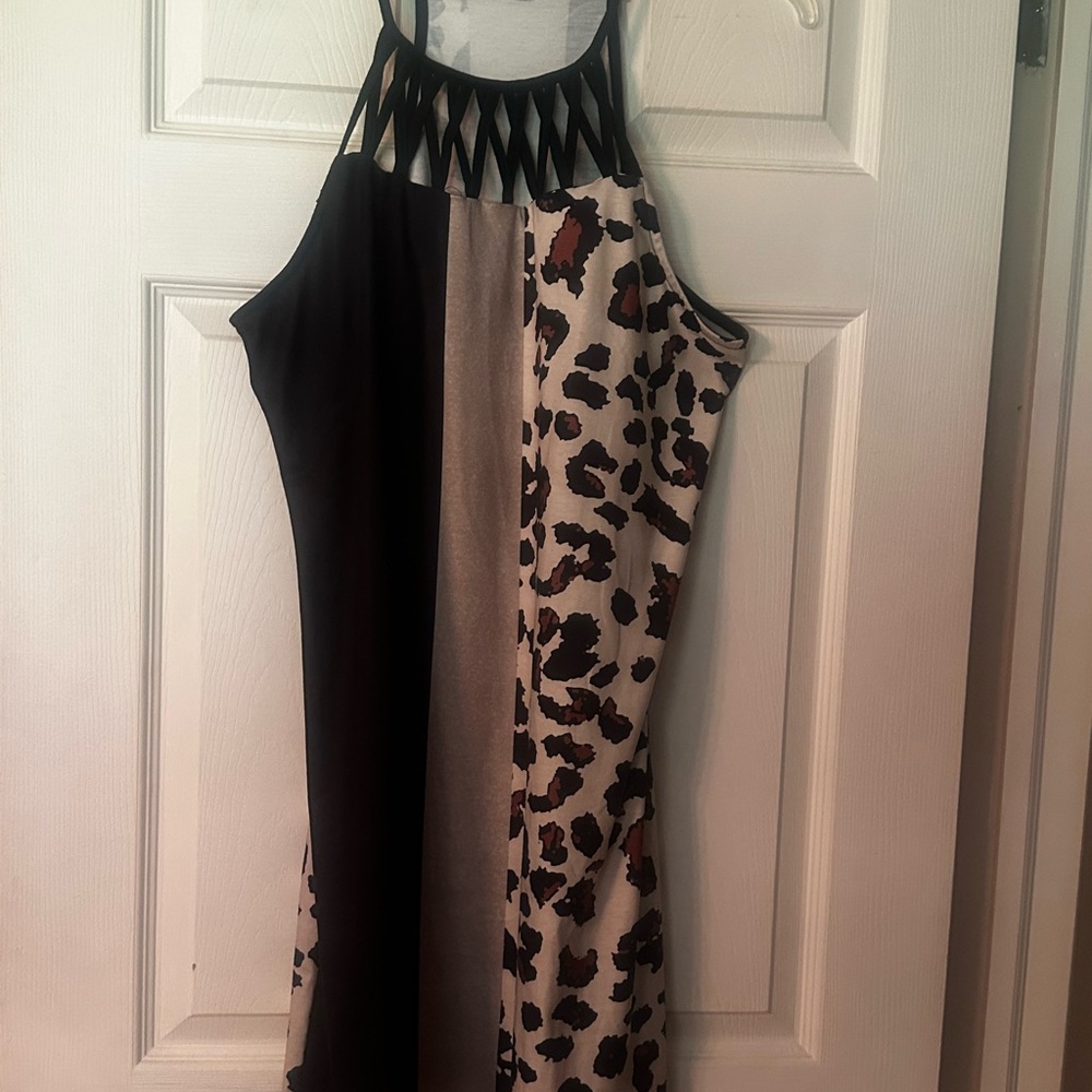 Black and Tan Sheath Mini Dress with Halter Neckline